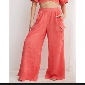 Aerie Cotton Gauzy Cargo Wide-Leg Pants Size Medium